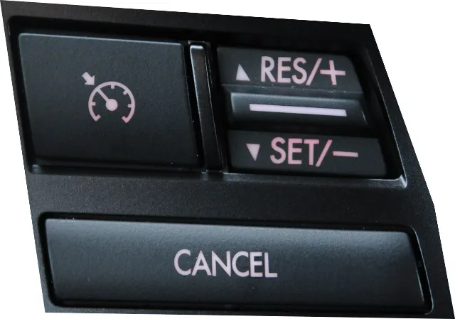 Boutons RES/+, SET/− et CANCEL d’un régulateur de vitesse, avec le pictogramme du régulateur.