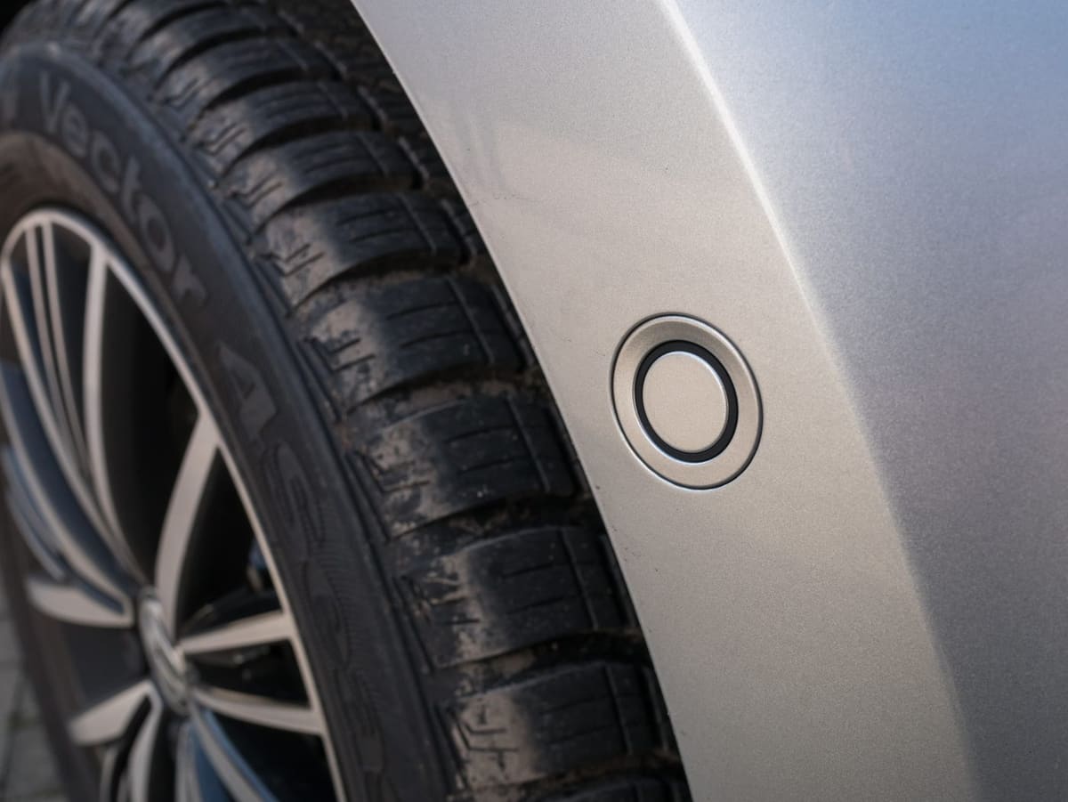Détail d’un capteur de stationnement sur une Volkswagen Golf.